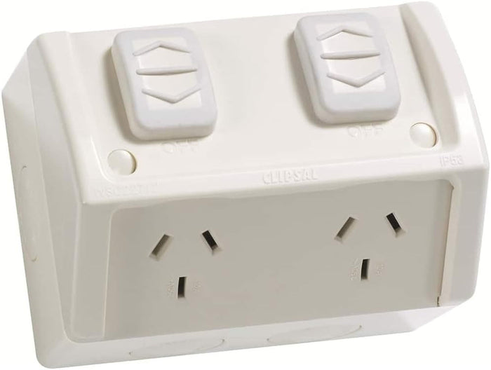 Clipsal Weathershield Power Point Twin, 10A, 250VAC, IP54 | Resistant Grey | WSC227/2-RG