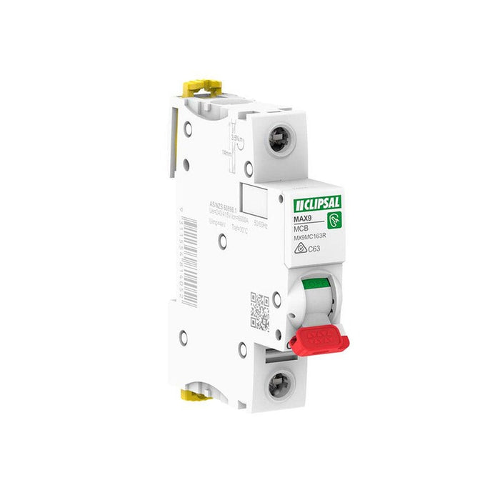Clipsal MAX9 Miniature Circuit-Breaker (MCB) 1P, 63A, C Curve, 6000A, 240/415V, Incomer, RED Toggle | White | MX9MC163R
