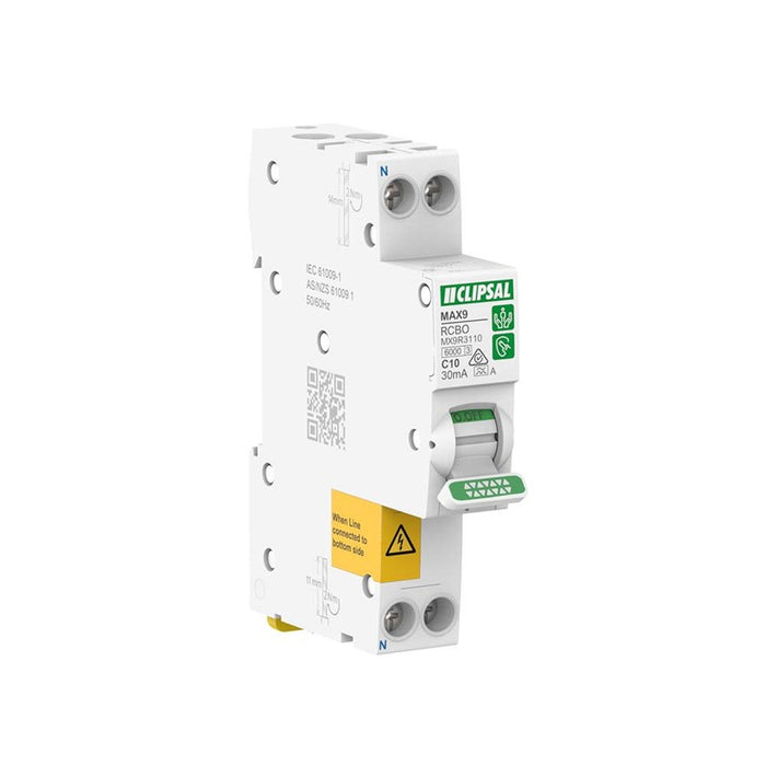 Clipsal MAX9 Residual Current Breaker with Overcurrent Protection (RCBO) 1PN, 10A, 30mA, C Curve, 6000A, A Type, SLIM | MX9R3110