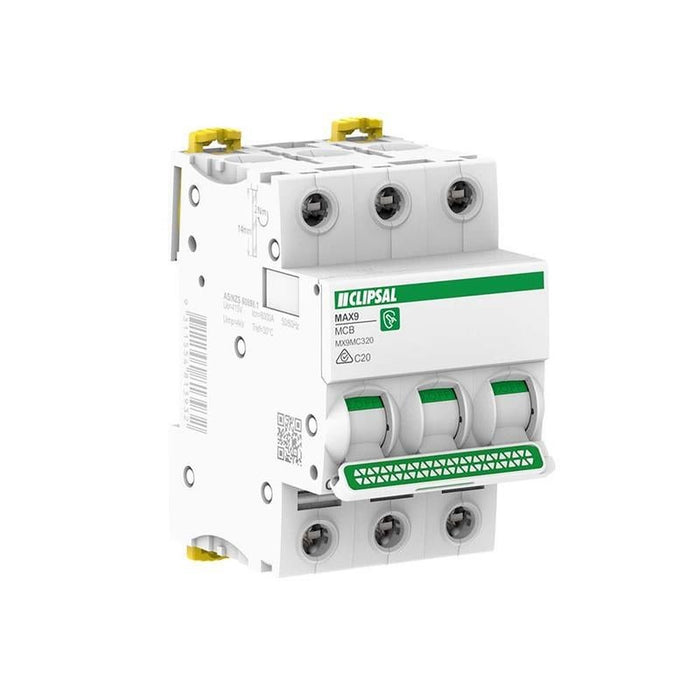 Clipsal MAX9 20A 3-Pole Circuit Breaker C Curve 6kA | White | MX9MC320