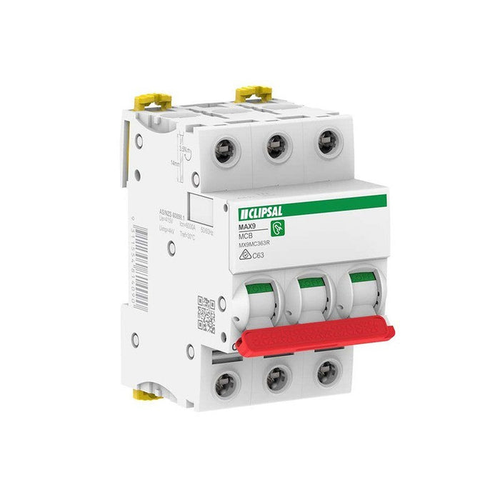 Clipsal MAX9 63A 3-Pole C-Curve 6kA Incomer Circuit Breaker | White with Red Toggle | MX9MC363R
