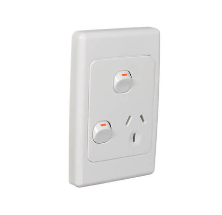 Clipsal 2000 Series Switched Socket Outlet Single, 250V, 10A, Vertical, Removable Extra Switch | White Electric | 2015VX-WE