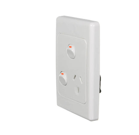 Clipsal 2000 Series Switched Socket Outlet Single, 250V, 10A, Vertical, Removable Extra Switch | White Electric | 2015VX-WE