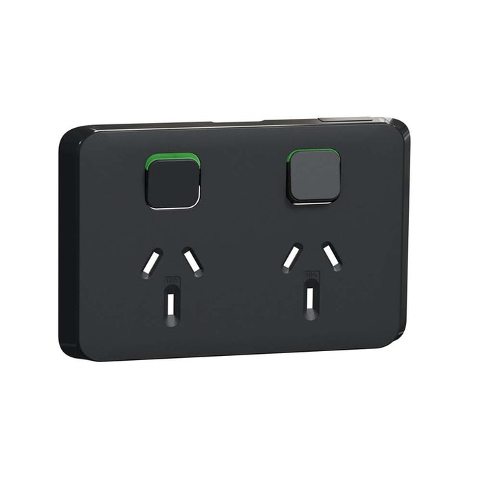 Clipsal Iconic Double Power Point Skin Horizontal Mount, 250V, 10A, Clip-On | Extra Black | 3025C-XB
