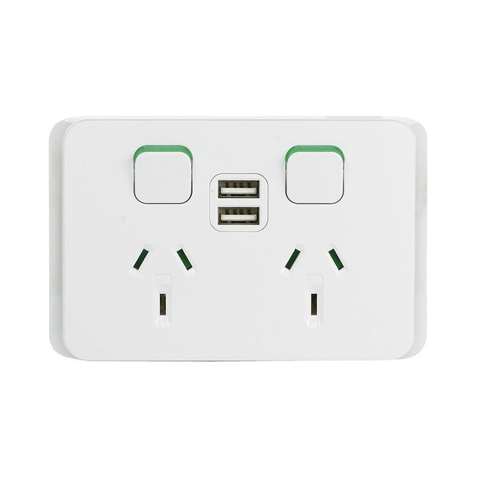 Clipsal Iconic Double Power Point with Dual USB Charger Horizontal Mount, 250V, 10A | Vivid White | 3025USB2-VW