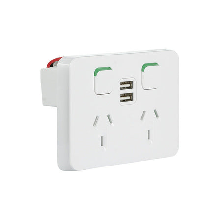 Clipsal Iconic Double Power Point with Dual USB Charger Horizontal Mount, 250V, 10A | Vivid White | 3025USB2-VW