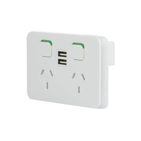 Clipsal Iconic Double Power Point with Dual USB Charger Horizontal Mount, 250V, 10A | Vivid White | 3025USB2-VW