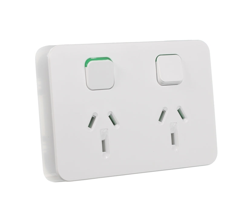 Clipsal Iconic Double Switch Power Point Horizontal Mount, 250V, 10A | Vivid White | 3025-VW