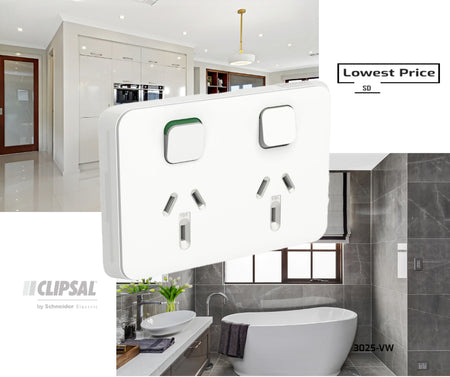 Clipsal Iconic Double Switch Power Point Horizontal Mount, 250V, 10A | Vivid White | 3025-VW