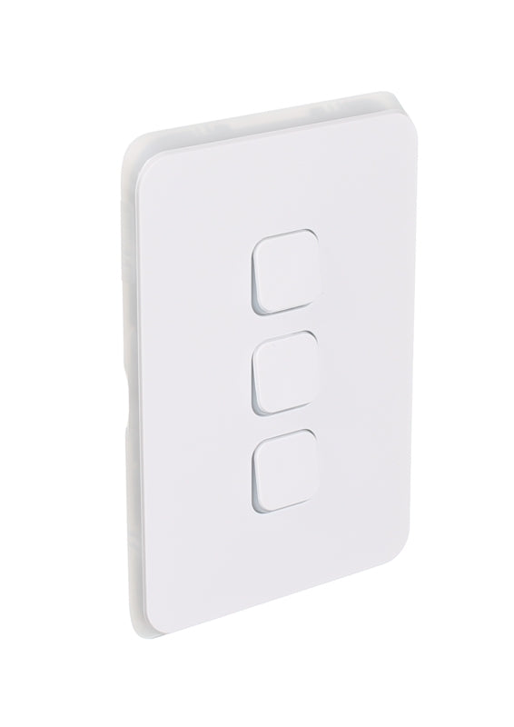 Clipsal Iconic Flush Switch 3 Gang, Vertical Mount, 1-Way/2-Way, 230/240V 10AX | Vivid White | 3043VA-VW