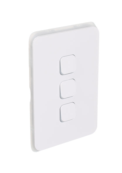 Clipsal Iconic Flush Switch 3 Gang, Vertical Mount, 1-Way/2-Way, 230/240V 10AX | Vivid White | 3043VA-VW