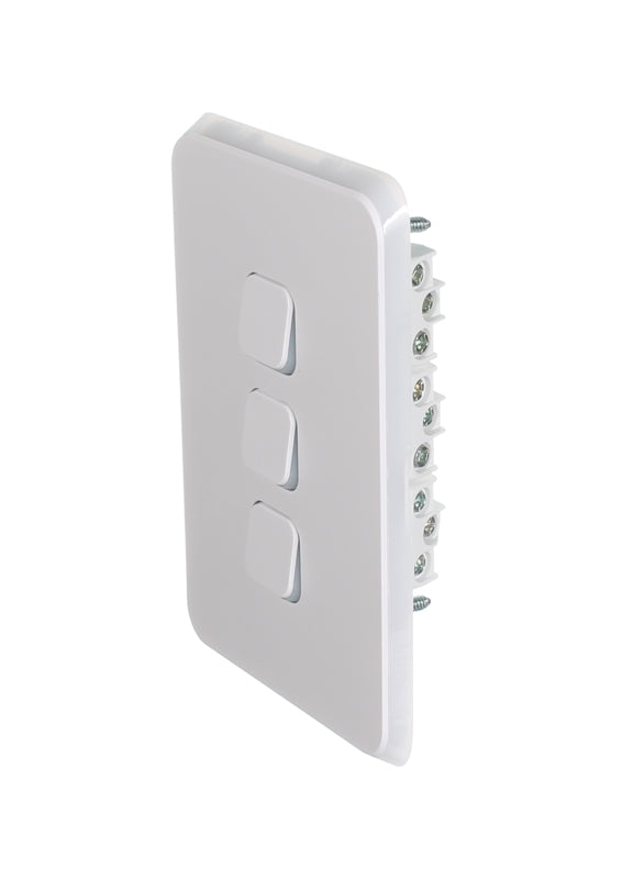 Clipsal Iconic Flush Switch 3 Gang, Vertical Mount, 1-Way/2-Way, 230/240V 10AX | Vivid White | 3043VA-VW
