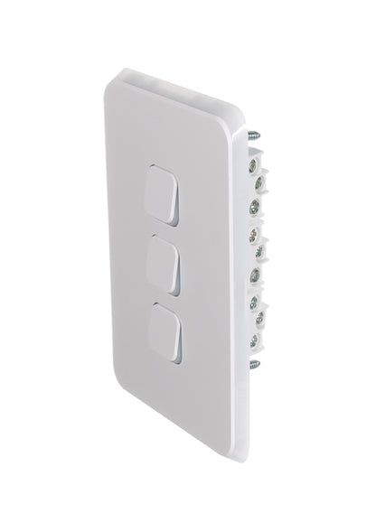 Clipsal Iconic Flush Switch 3 Gang, Vertical Mount, 1-Way/2-Way, 230/240V 10AX | Vivid White | 3043VA-VW