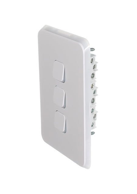 Clipsal Iconic Flush Switch 3 Gang, Vertical Mount, 1-Way/2-Way, 230/240V 10AX | Vivid White | 3043VA-VW