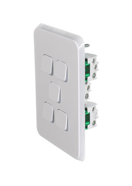 Clipsal Iconic Flush Switch Vertical Mount, 5 Gang, 230/240V, 10Ax1-Way/2-Way | Vivid White | 3045VA-VW