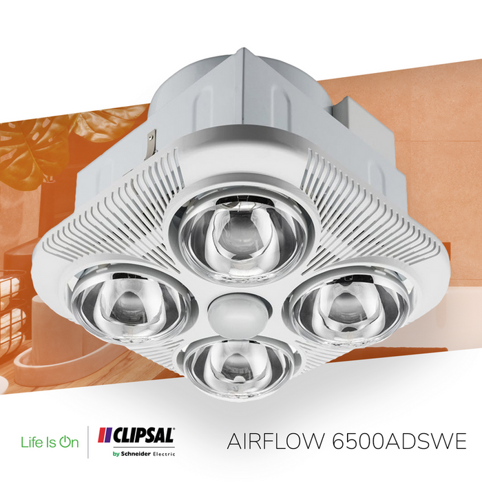 Clipsal Airflow Bathroom Fan Light Heater with Backdraught Shutter 4 x 275W | White Electric | 6500ADS-WE