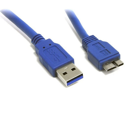 Close-up of the blue USB-A and USB 3.0 Micro-B connectors on 8Ware UC-3002AUB cable