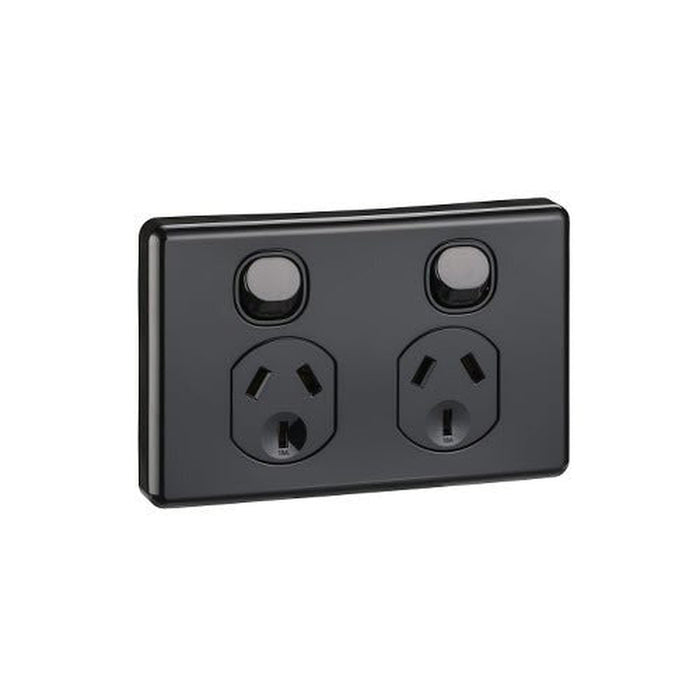 Clipsal Classic C2000 Series Switched Socket Outlet Twin, 250V, 10A | Black | C2025-BK