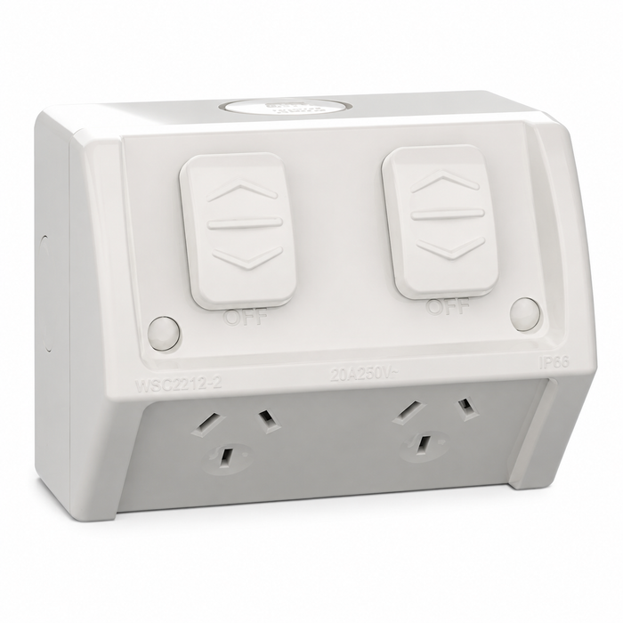 Clipsal Weathershield Socket Twin, Individually Wired ,10A, 250VAC, IP54 | Chemical Resistant Grey | WSC227/1/2-RG