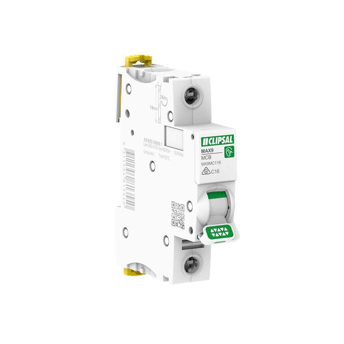 Clipsal MAX9 Miniature Circuit-Breaker (MCB) 1P, 16A, C Curve, 6000A, 240/415V, Distribution | MX9MC116