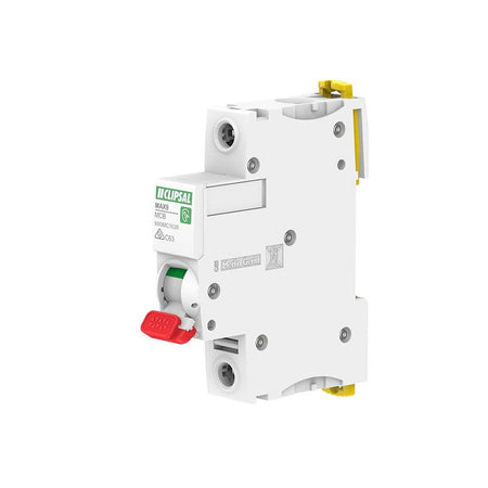 Clipsal MAX9 Miniature Circuit-Breaker (MCB) 1P, 63A, C Curve, 6000A, 240/415V, Incomer, RED Toggle | White | MX9MC163R
