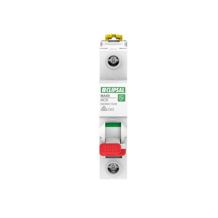 Clipsal MAX9 Miniature Circuit-Breaker (MCB) 1P, 63A, C Curve, 6000A, 240/415V, Incomer, RED Toggle | White | MX9MC163R