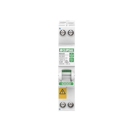 Clipsal MAX9 Residual Current Breaker with Overcurrent Protection (RCBO) 1PN, 20A, 30mA, C Curve, 6000A, A Type, SLIM | White | MX9R3120