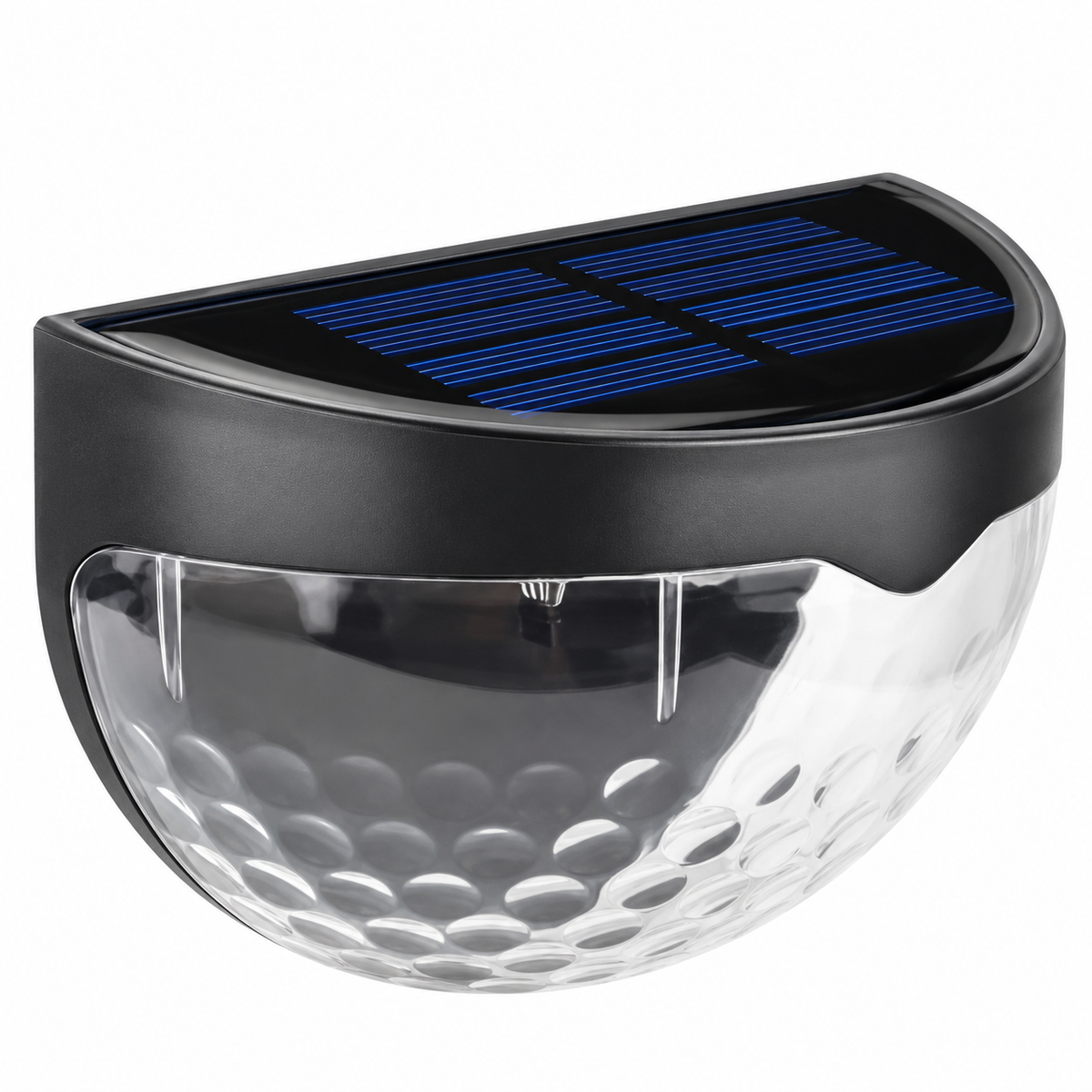 Sparky Stock solar LED wall light, black housing and clear lens, single unit on white background