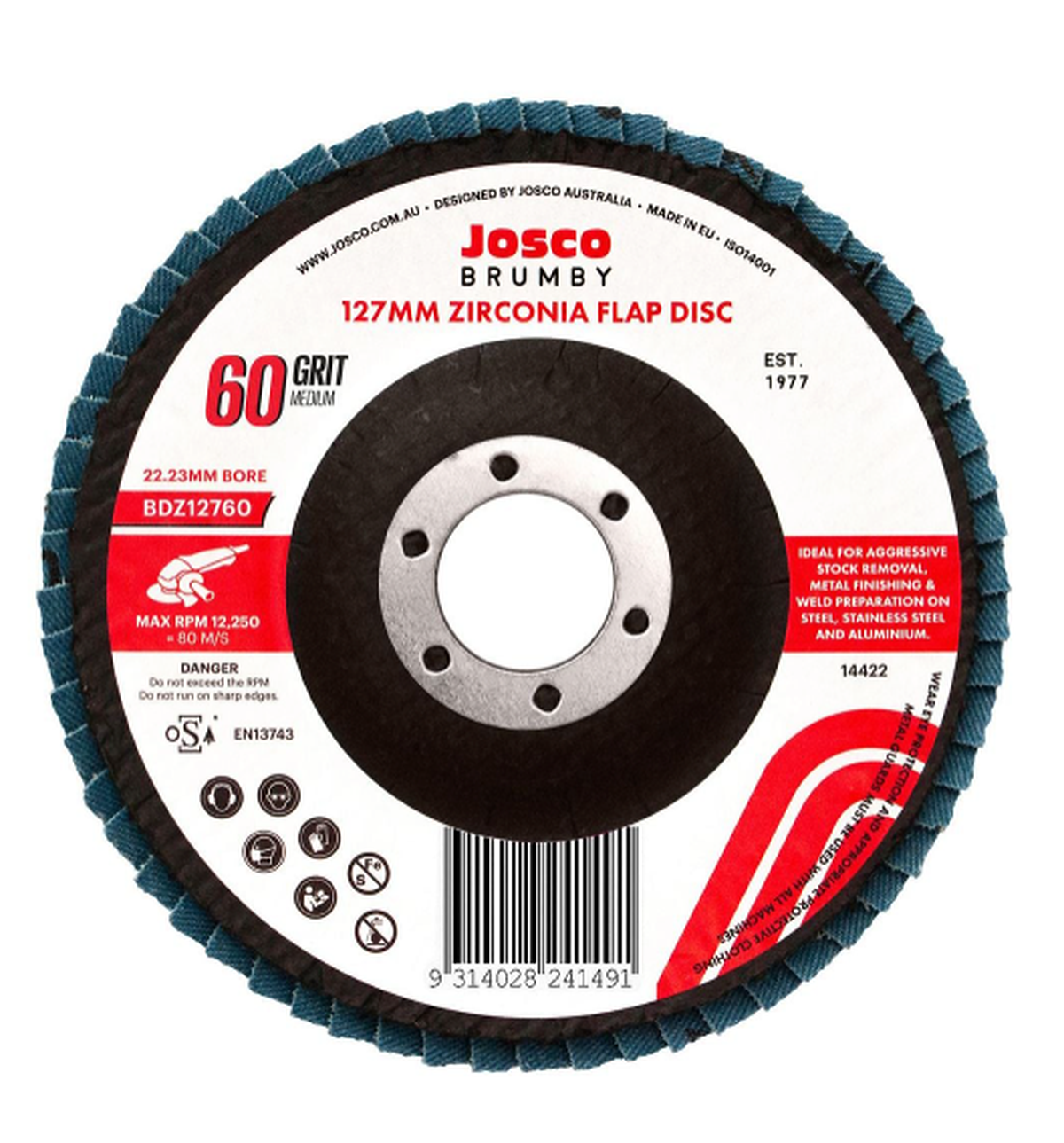 Josco 125mm 60 Grit Abrasive Flap Disc - Blue - BDZ12760