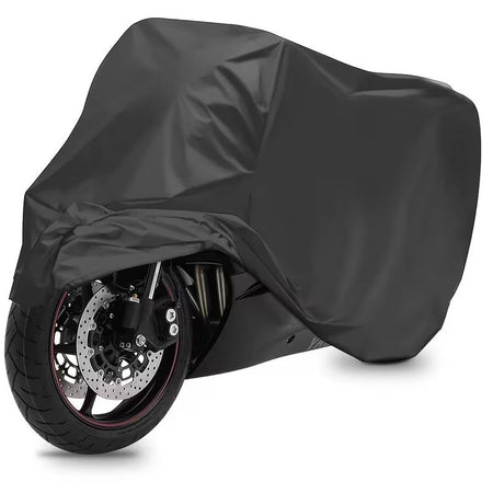 Black motorcycle and bike outdoor protective cover shown fitted over a motorcycle