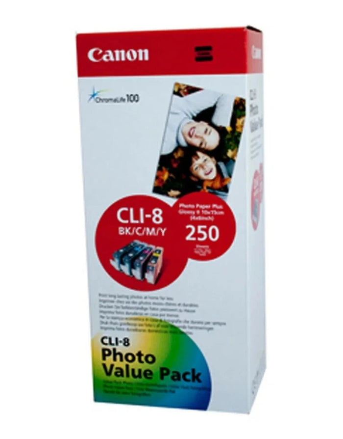 Canon CLI-8 Photo Value Pack with 250 Photo Sheets | Black/Cyan/Magenta/Yellow | PVP-112