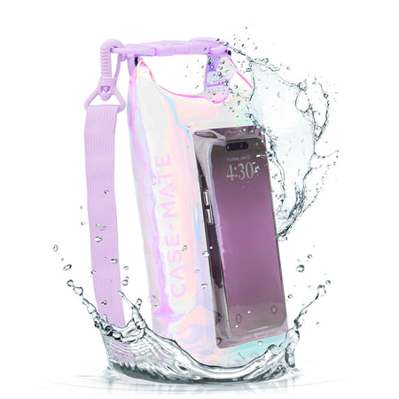Case-Mate 2L Soap Bubble waterproof phone dry bag with iridescent finish and lavender strap