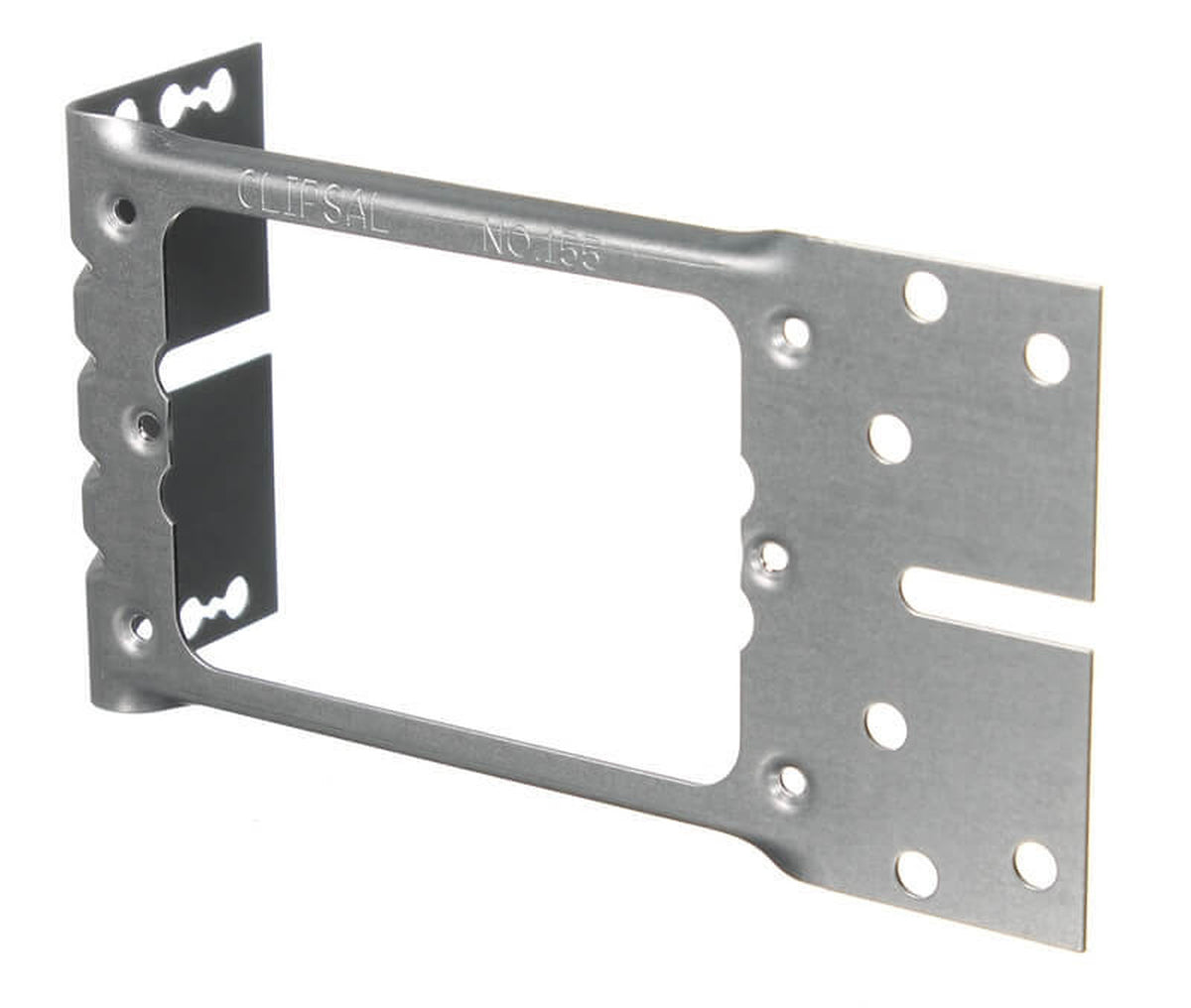 Clipsal 155 horizontal metal mounting bracket without nails, zinc plated, front angled view
