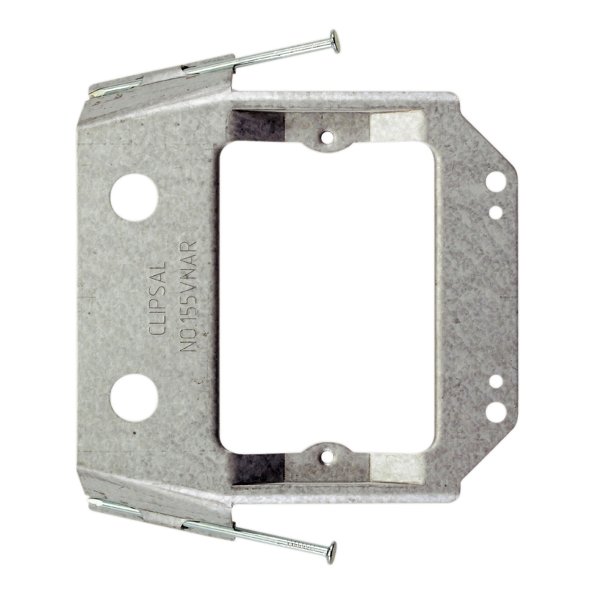 Clipsal 155VNAR vertical recessed galvanised mounting bracket with skew fixing nails, front view