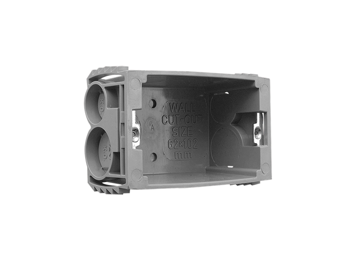 Clipsal 157/1P grey single-gang plastic wall box with sliding nuts and cable knockouts
