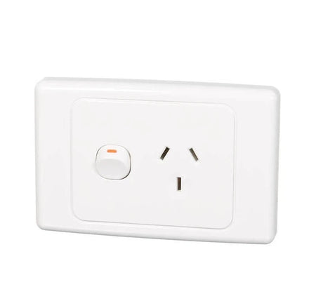 Clipsal 2015-WE 2000 Series single power point in White Electric, angled front view