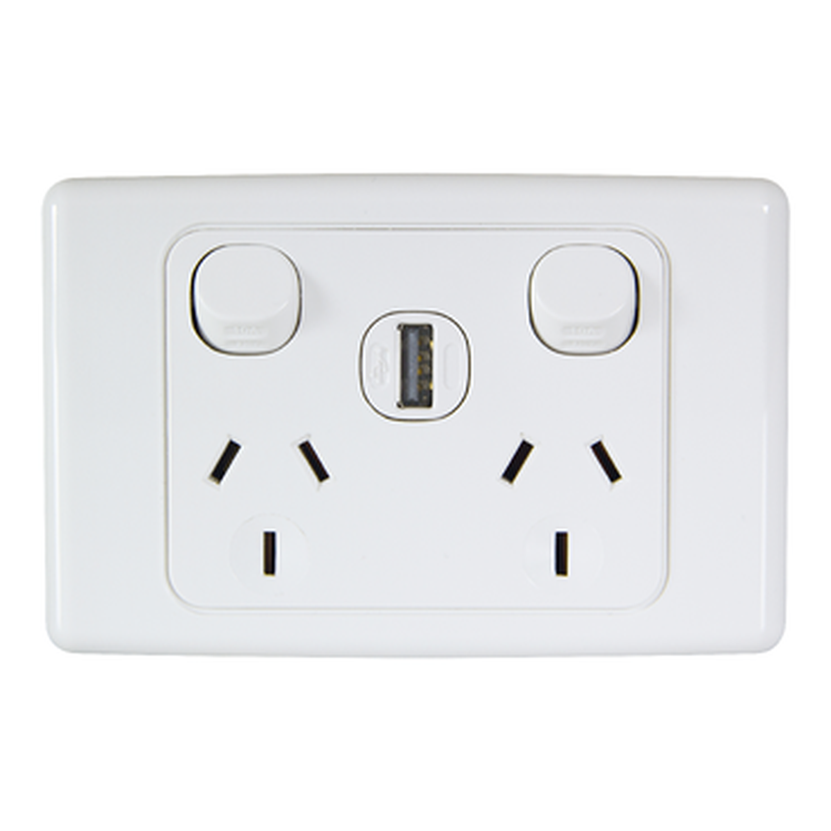 Clipsal 2000 Series double power point with USB-A charger in White Electric, front view