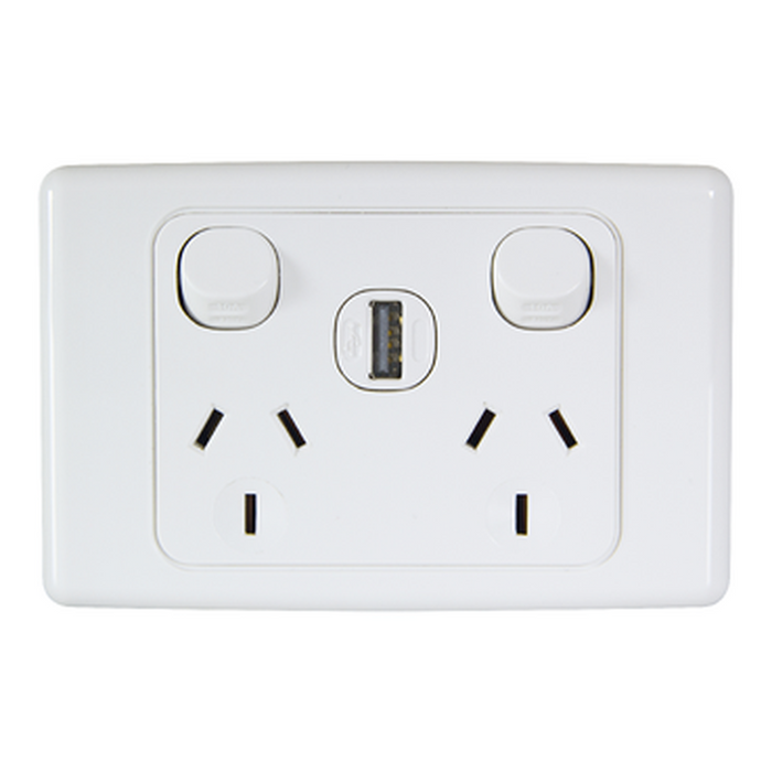 Clipsal 2000 Series 10A Double Power Point with 1.2A USB Charger | White Electric | 2025USBC-WE