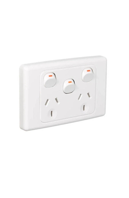 Clipsal 2025XA-WE white electric double power point with removable extra switch - left angle