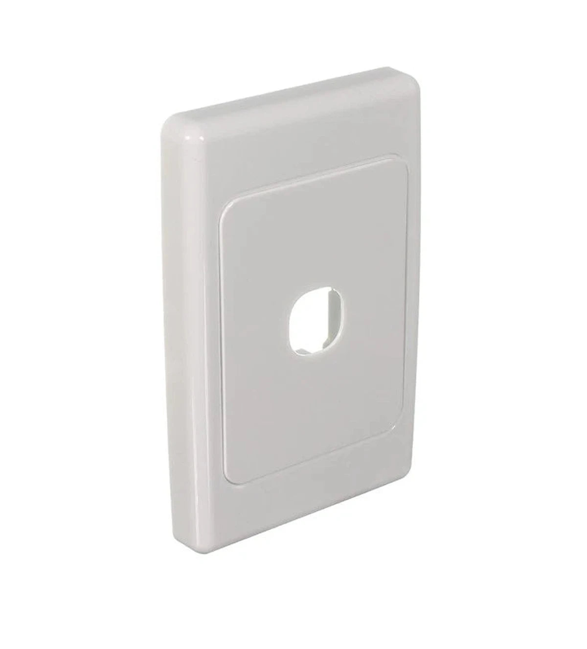 Clipsal 2031VH-WE 1 gang grid plate and surround in White Electric – front left angle