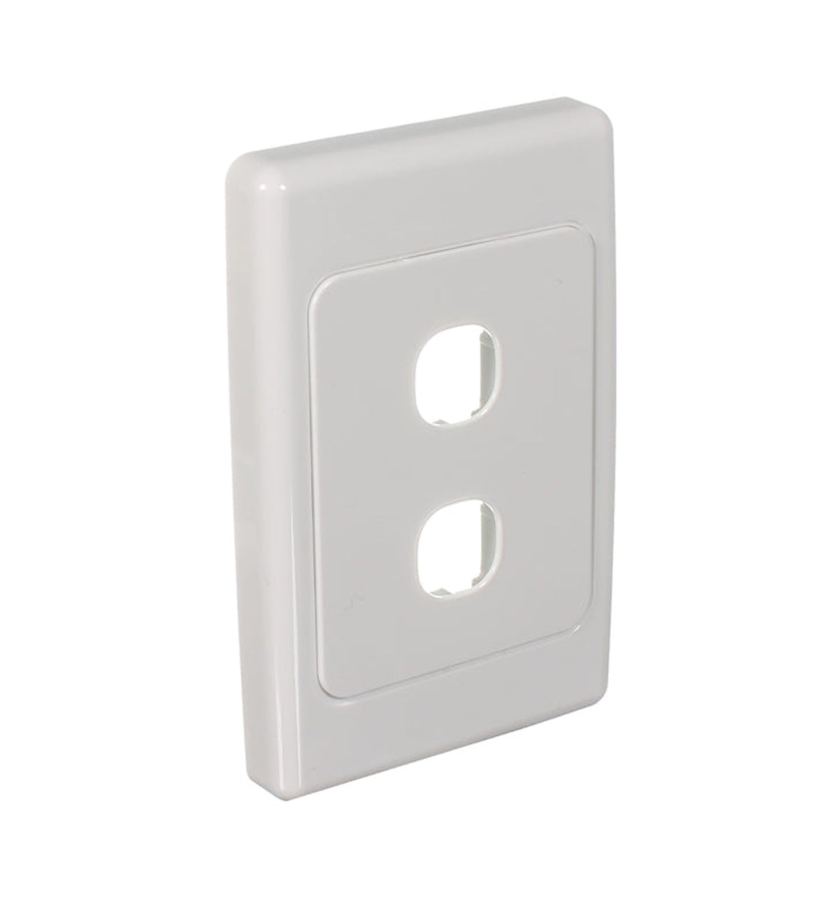 Clipsal 2032VH-WE White Electric 2 gang grid and surround, front angled view