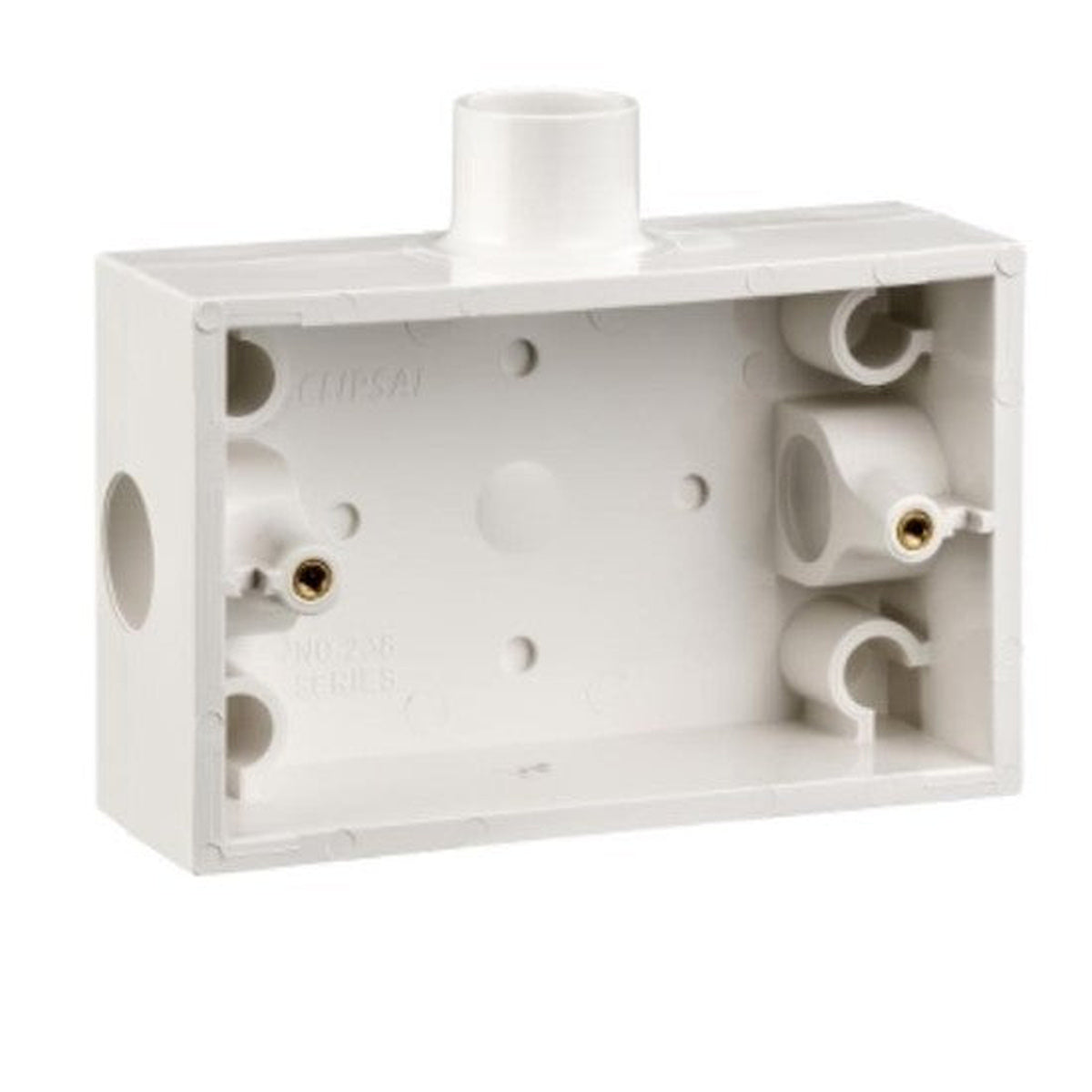 Clipsal 238A-WE mounting box in White Electric with 20mm end entries and side spout