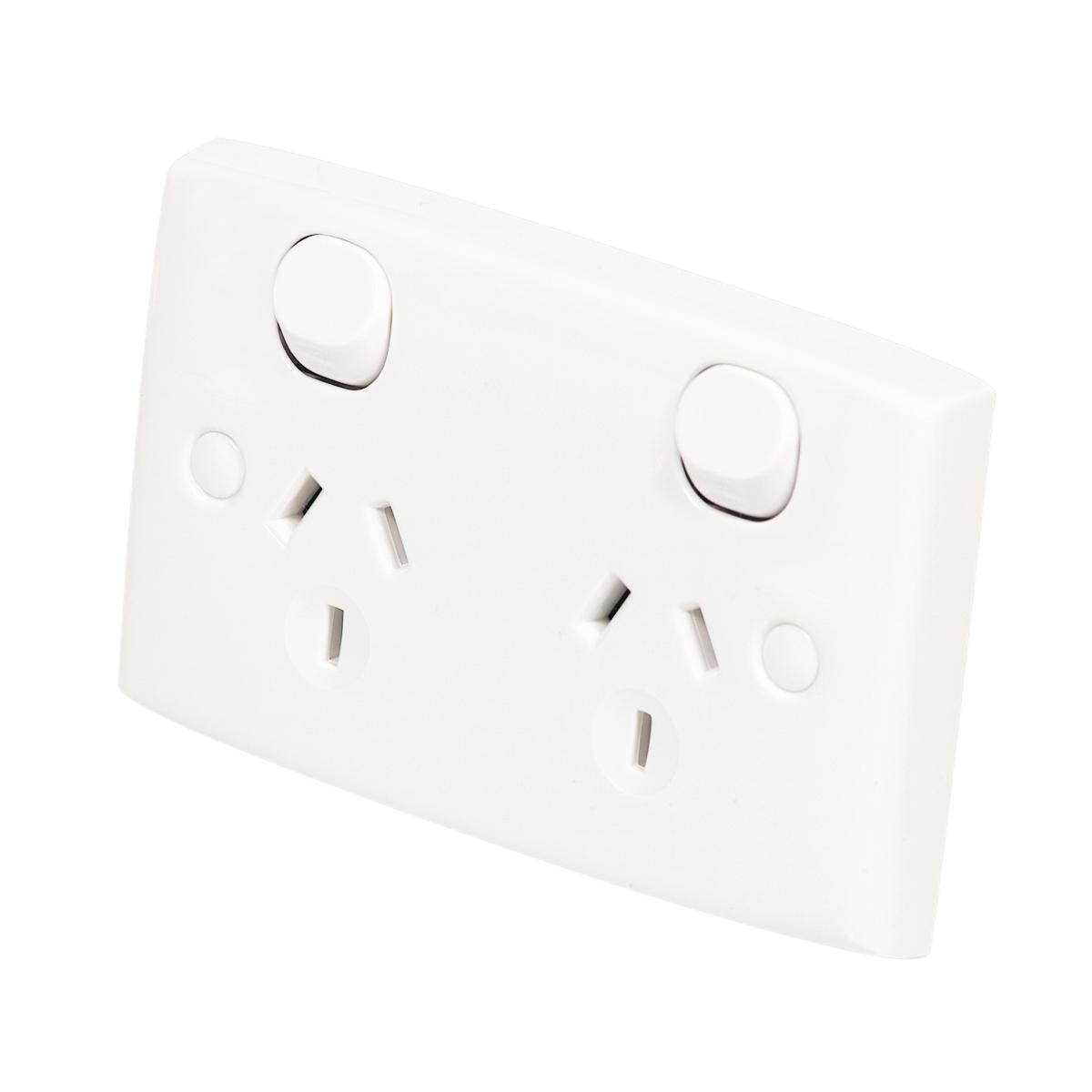 Clipsal 25-WE Standard Series 10A double power point in White Electric, angled view