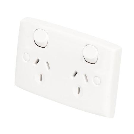 Clipsal 25-WE Standard Series 10A double power point in White Electric, angled view