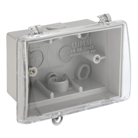 Clipsal 255-GY grey weather protective mounting box with clear lid and locking provision