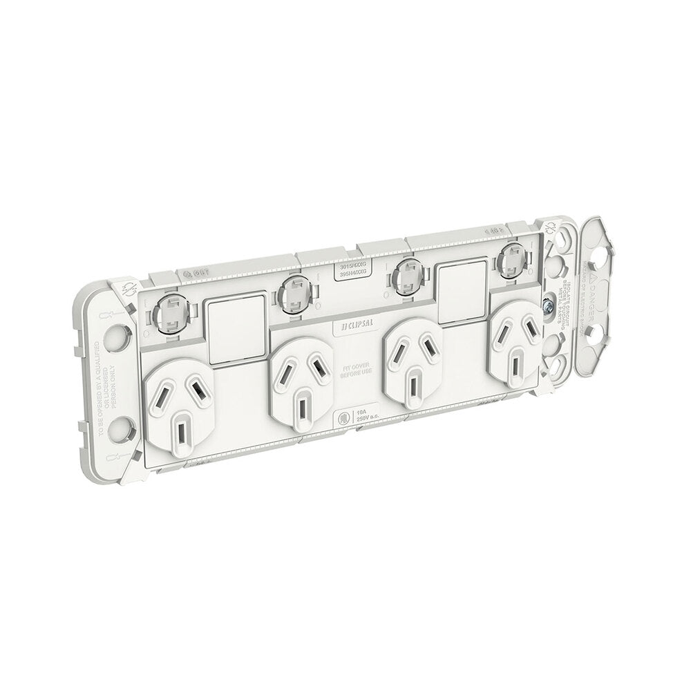 Clipsal Iconic 3015/4XXUAG White quad power point grid, four outlets and two extra switch provisions