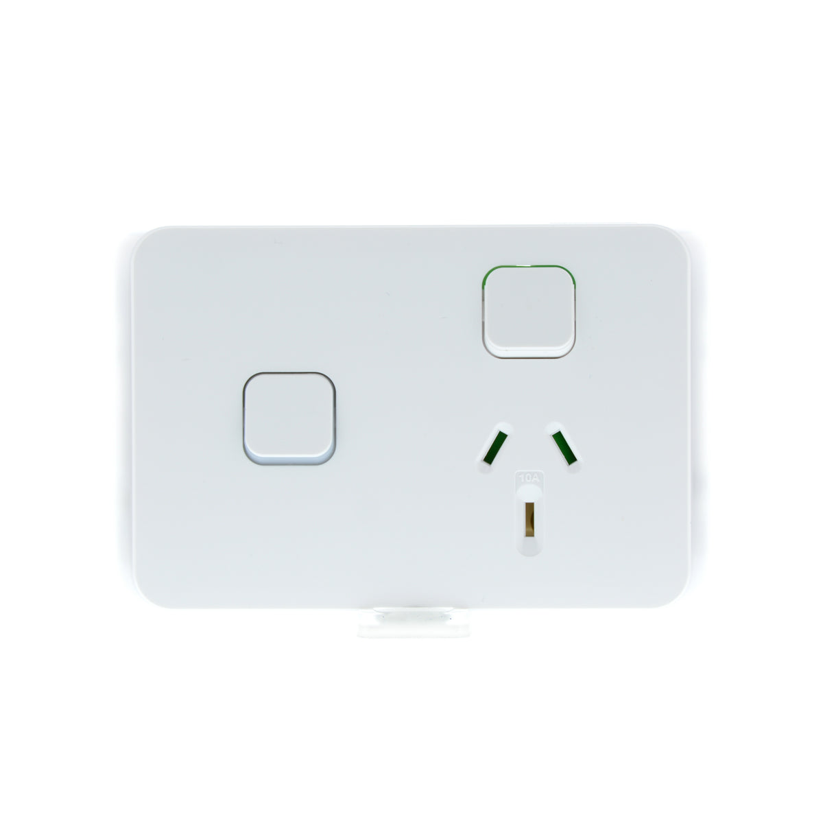 Clipsal Iconic 3015XA-VW Vivid White single power point and extra switch, front view