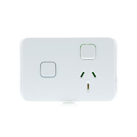 Clipsal Iconic 3015XA-VW Vivid White single power point and extra switch, front view