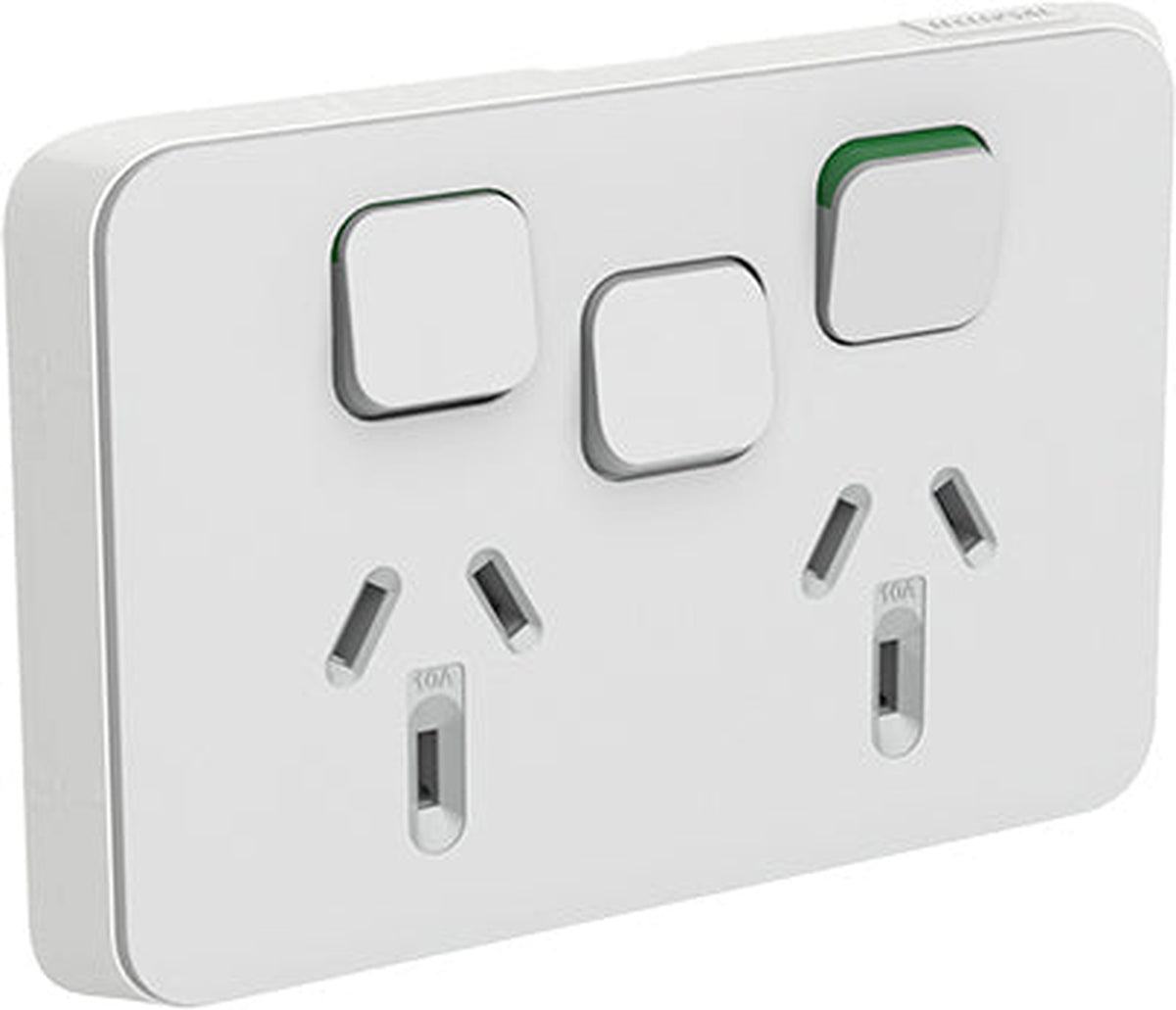 Clipsal 3025XC-CY Iconic double power point skin with extra switch in Cool Grey, angled front view