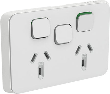 Clipsal 3025XC-CY Iconic double power point skin with extra switch in Cool Grey, angled front view
